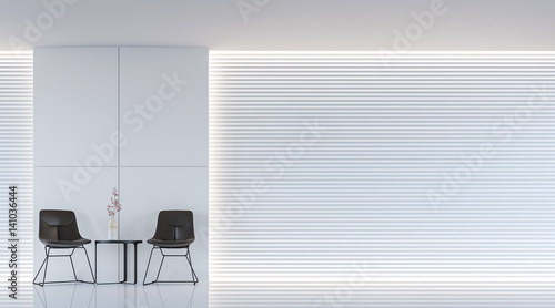 Modern white living room interior 3d rendering image.A blank wall with pure white. Decorate wall with extrude horizon line pattern and hidden warm light © onzon