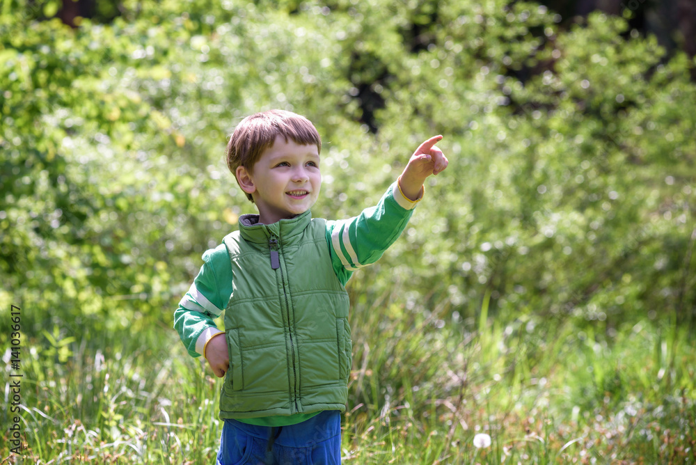 Five year old boy looking and pointing his finger at the strange tree. Five year old boy looking and pointing his finger at the strange tree.