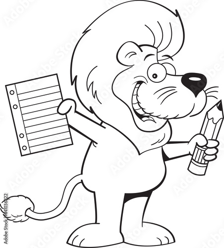 Black and white illustration of a lion holding a per and pencil.