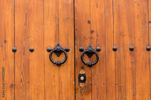 Ancient closed wooden gate with two door knocker rings