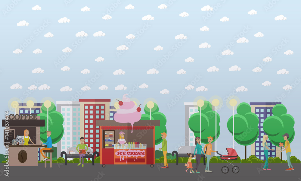 Vector flat illustration of loving couples walking in the street Vector flat illustration of loving couples walking in the street