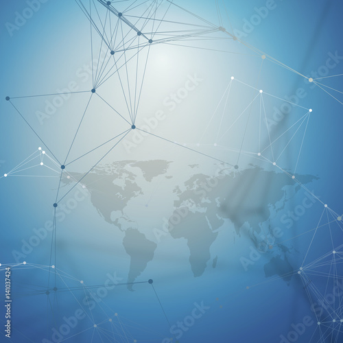 Abstract futuristic network shapes. High tech background, connecting lines and dots, polygonal linear texture. Black world map on blue. Global network connections, geometric design, dig data concept.
