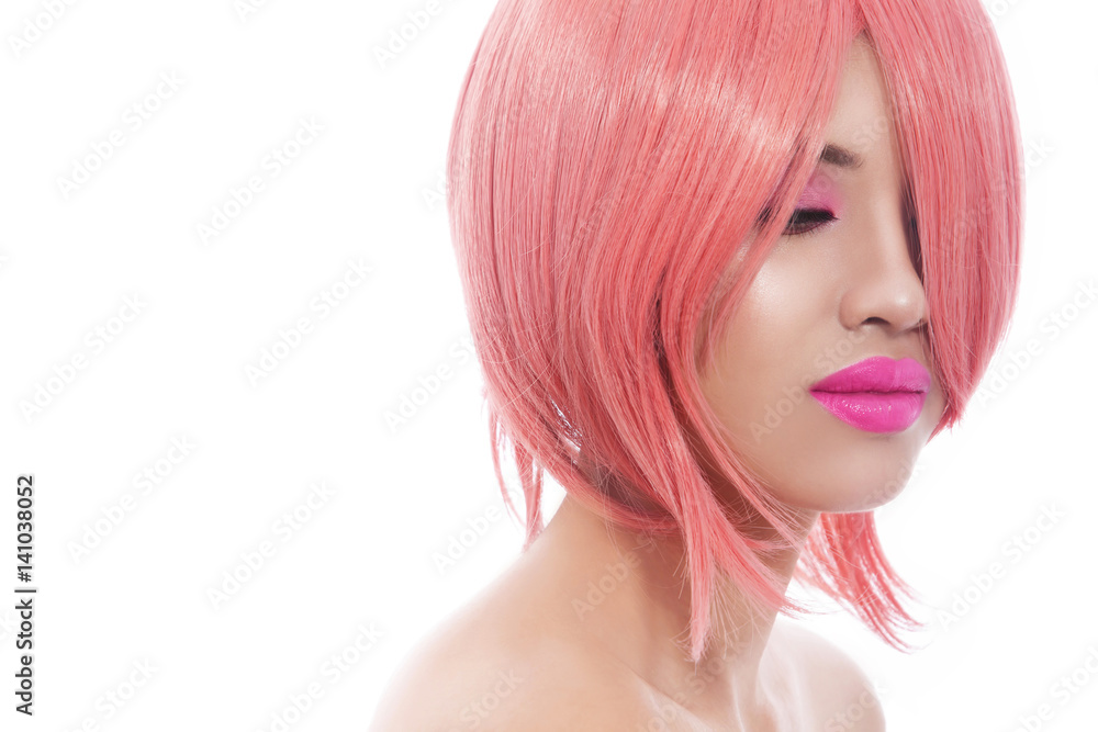 Portrait of young beautiful asian girl with stylish bob haircut over white background