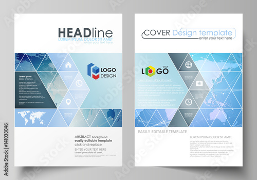 The vector illustration of the editable layout of two A4 format covers with triangles design templates for brochure, flyer, booklet. World map on blue, geometric technology design, polygonal texture.