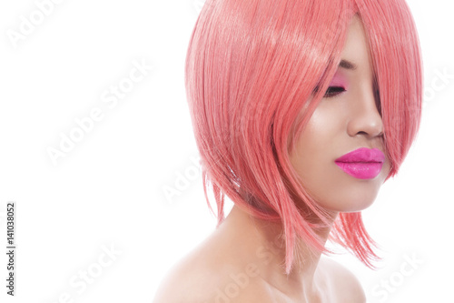Portrait of young beautiful asian girl with stylish bob haircut over white background