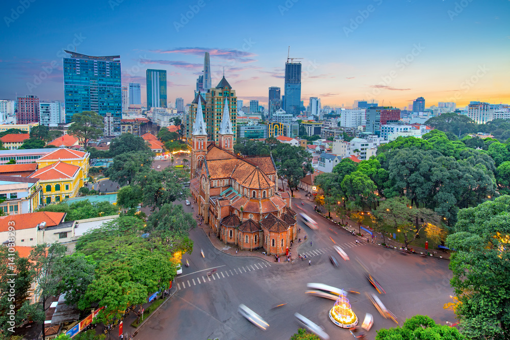 Aerial view of Notre-Dame Cathedral Basilica of Saigon - obrazy, fototapety, plakaty 