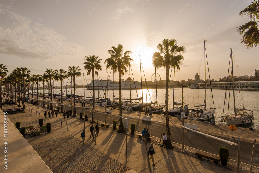 Vibrant Malaga seaside and harbour promenade