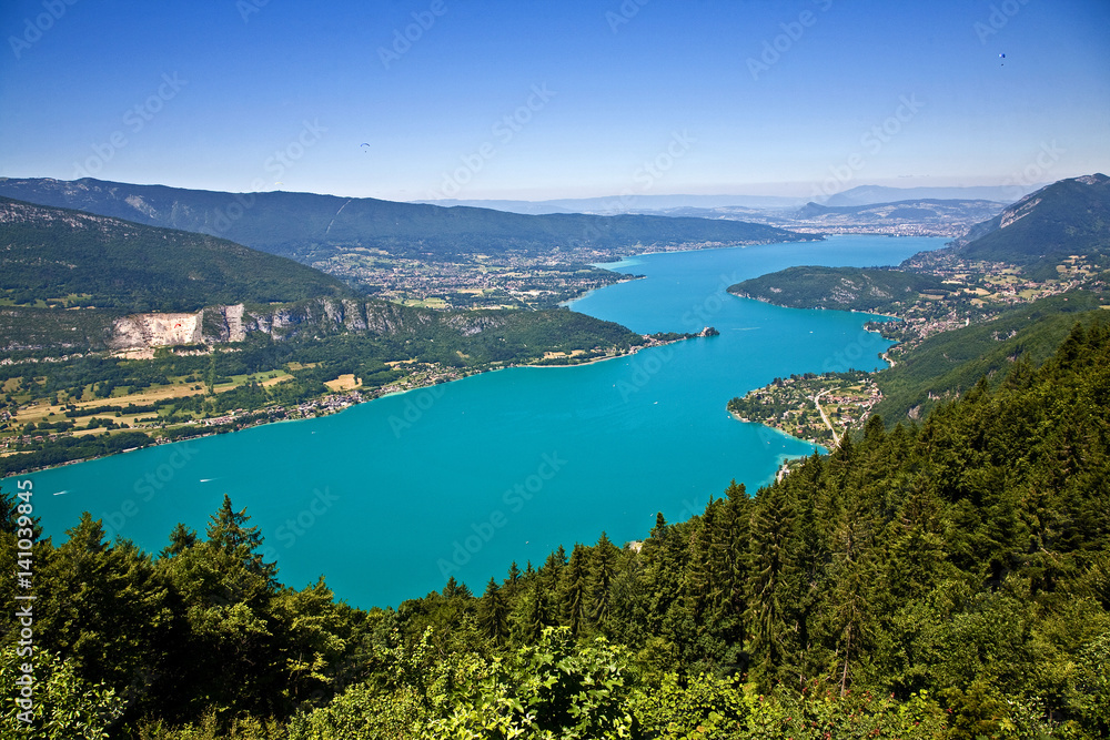 View over Lac Annecy. Town of Annecy at the top. Town of Talloires is at the middle, right side.
