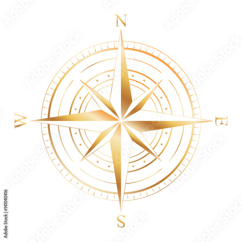 Gold wind rose compass isolated on white. Gold glitter sparkle. Compass Icon Graphic. Nautical design elements. Compass Rose. Wind rose. Vector Illustration.