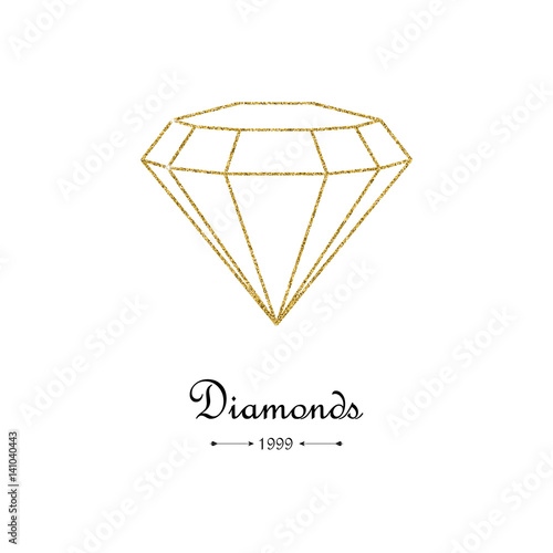 Gold glitter diamond thin line design element. Beautiful gold diamond shape on white background. Jewelry store emblem. Gemstone faceting pattern. Vector illustration.