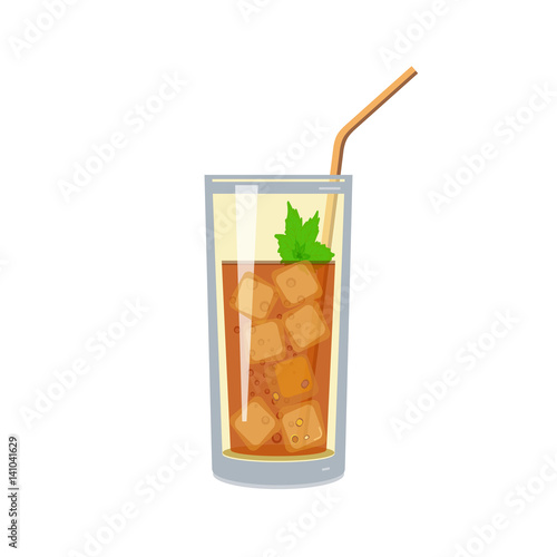 Glass of soft drink or fresh fruit and citrus juice with ice and mint. Vector illustration on white background.