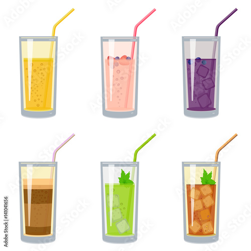 Glasses of fresh fruit juices, smoothies, latte, iced tea with mint, set. Vector illustration on white background.