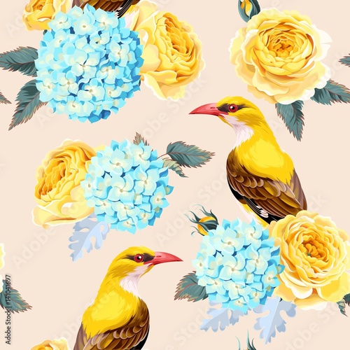 Roses and birds seamless