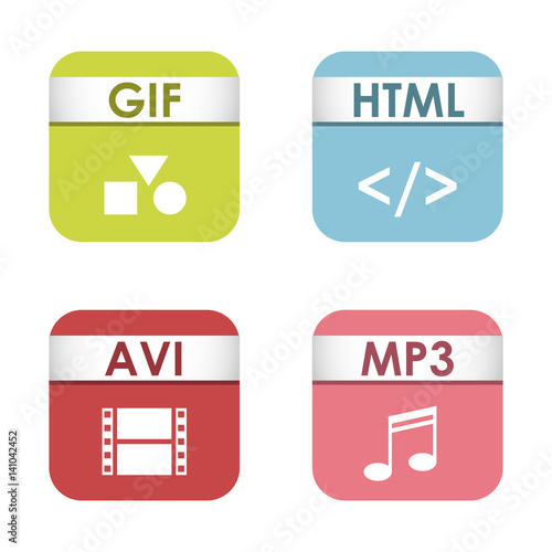 Simple square file types formats labels icon set presentation document symbol and audio extension graphic multimedia sign vector illustration.