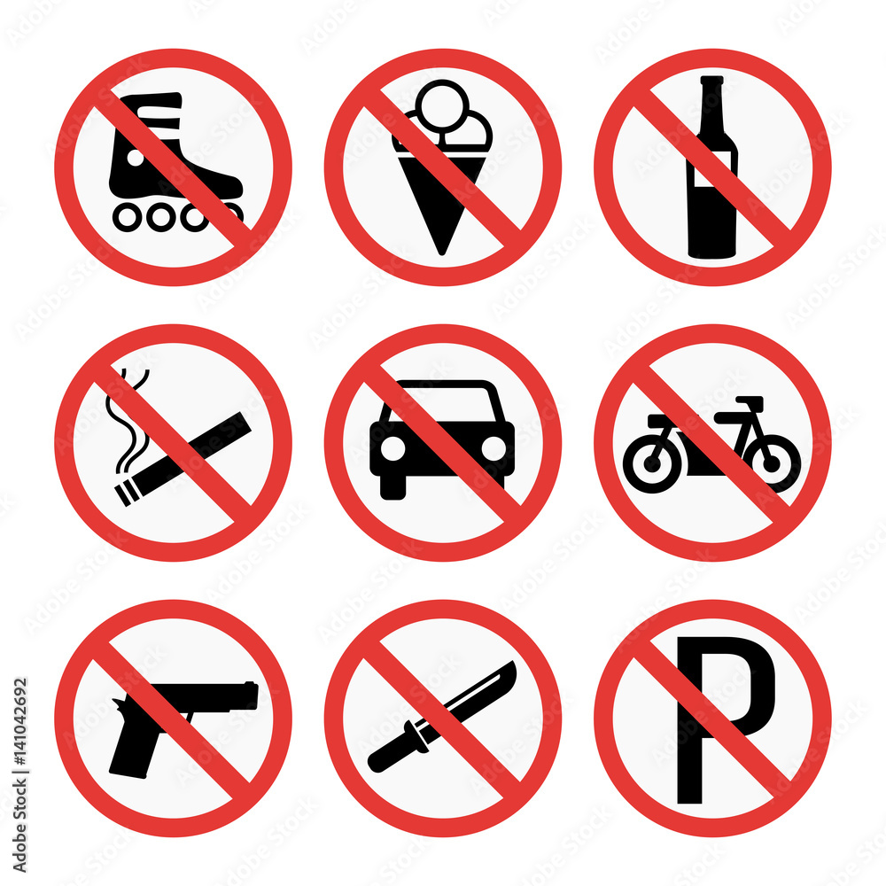 Prohibition signs set safety information vector illustration. Prohibition signs set safety information vector illustration.