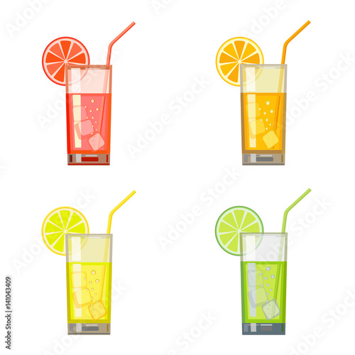 Set of fresh fruit juices and cocktails with ice. Citruc fruit set orange, lemon, lime, grapefruit, mandarin. Vector illustration on white background