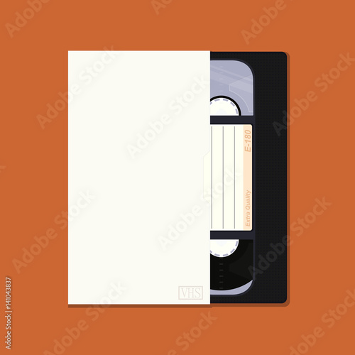 Black retro video cassette with box and place for any text. Flat vector.