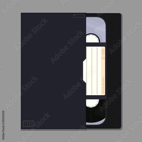 Black retro video cassette with box and place for any text. Flat vector.