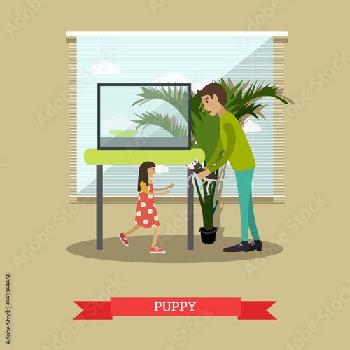 Buying a puppy vector illustration in flat style