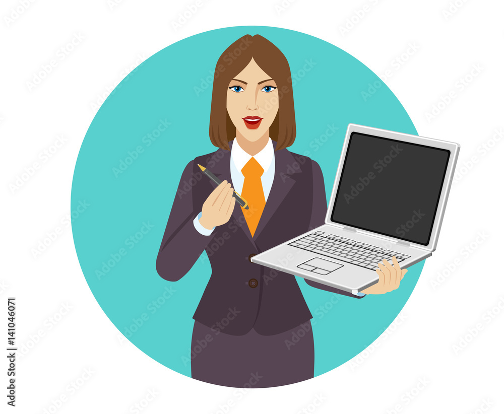 Businesswoman holding a laptop notebook and giving pen or stylus for your electronic signature Businesswoman holding a laptop notebook and giving pen or stylus for your electronic signature
