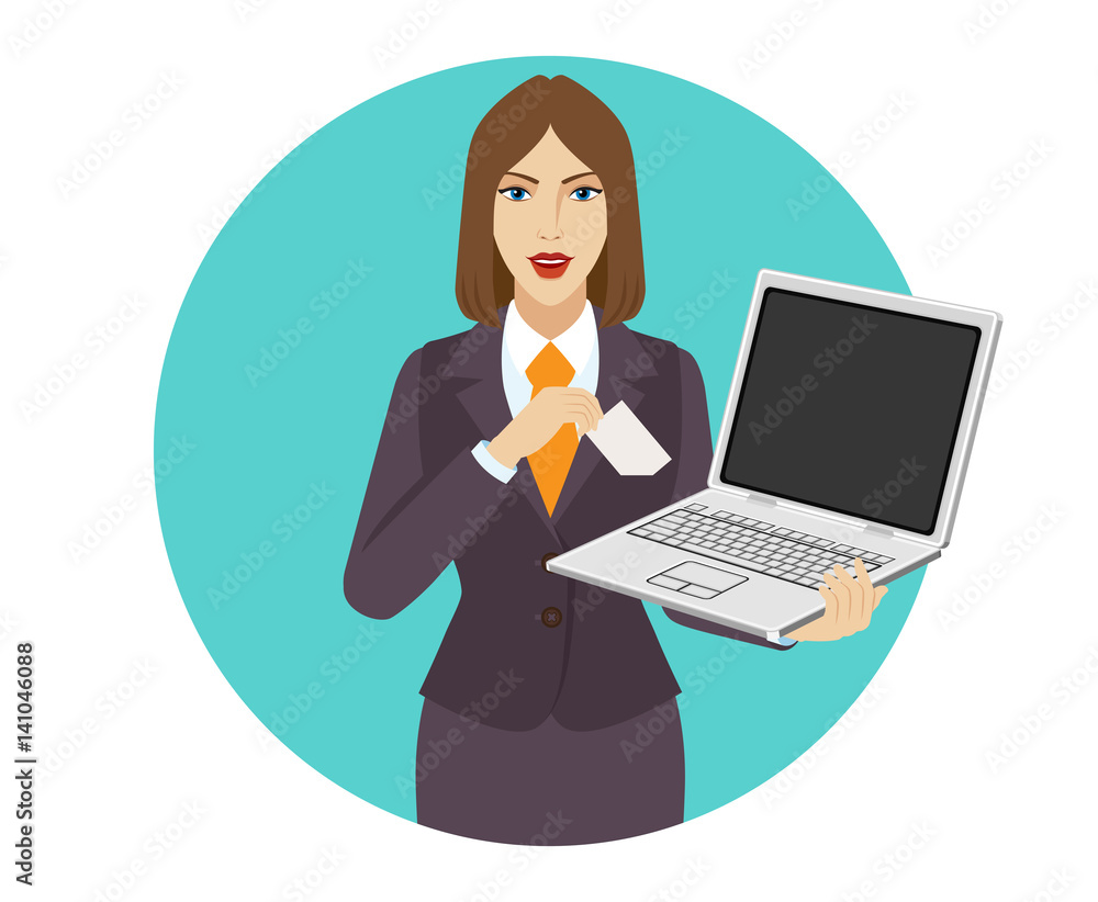 Businesswoman holding a laptop notebook and puts the business-card in his pocket Businesswoman holding a laptop notebook and puts the business-card in his pocket