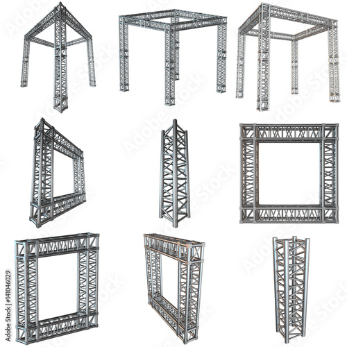 Steel truss girder rooftop frame construction set. 3d render isolated on white
