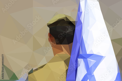 Israeli soldier with a flag of Israel. Origami illustration.
