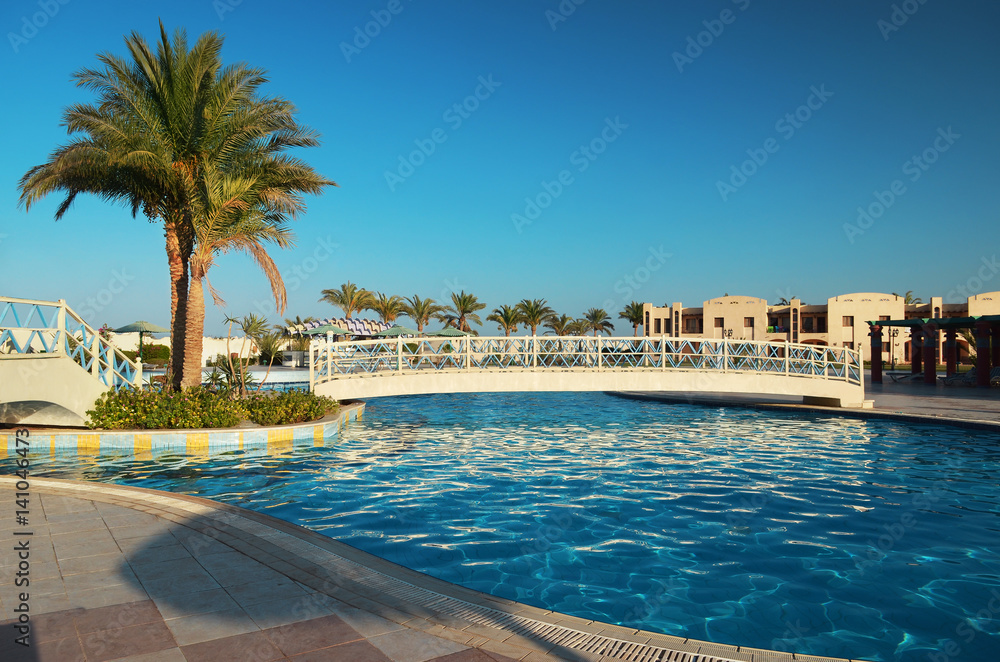 Beautiful view of the pool with clear blue water, palm trees and bridges.