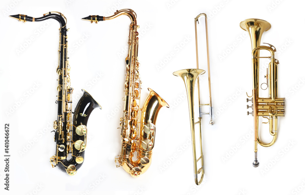 Black and Gold Tenor Saxophones, Trombone and Trumpet Photos | Adobe Stock