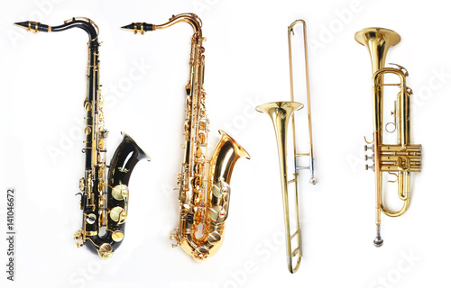 Black and Gold Tenor Saxophones, Trombone and Trumpet