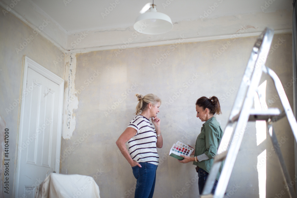 Mature female friends choosing paint colors Mature female friends choosing paint colors