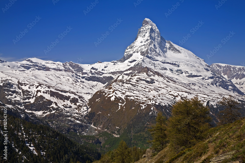 Hiking trails on the Gornergrat mountain with view of the Matterhorn