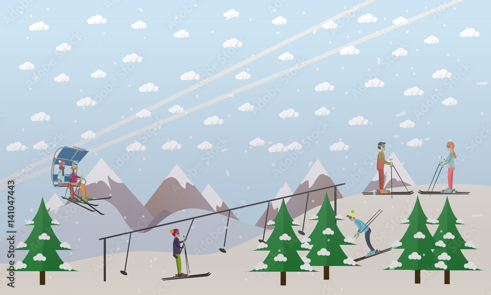 Ski lifts service vector illustration in flat style Ski lifts service vector illustration in flat style