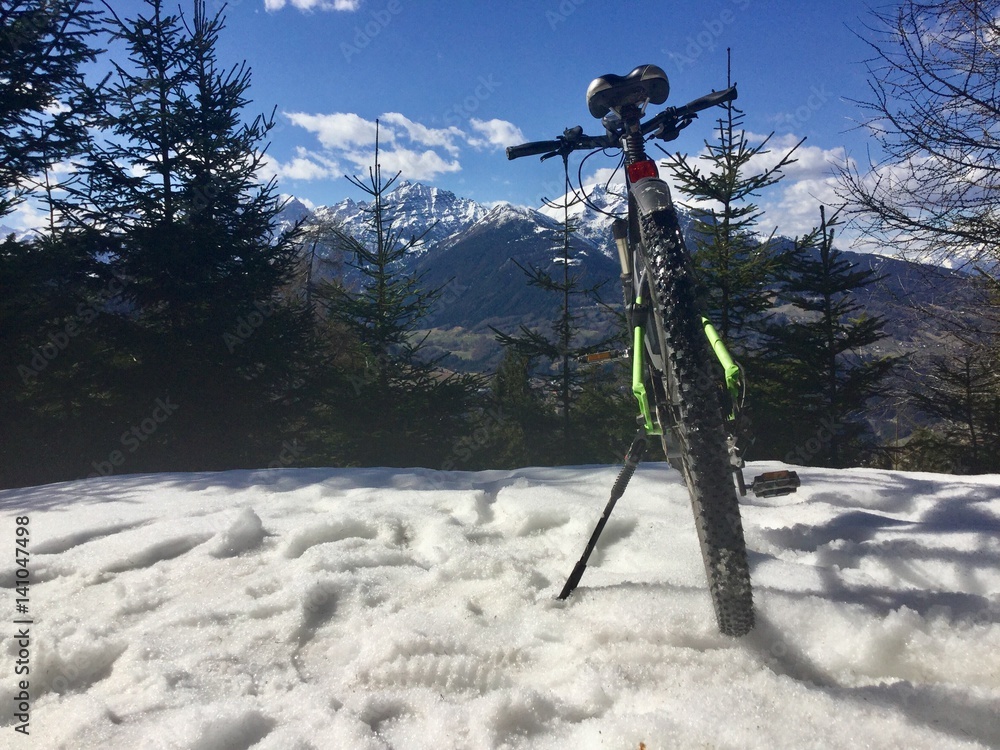 Mit Mountainbike durch Schnee in den Bergen - obrazy, fototapety, plakaty 