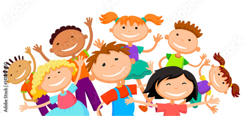 group of children kids are jumping joyful white background bunner cartoon funny vector character. illustration