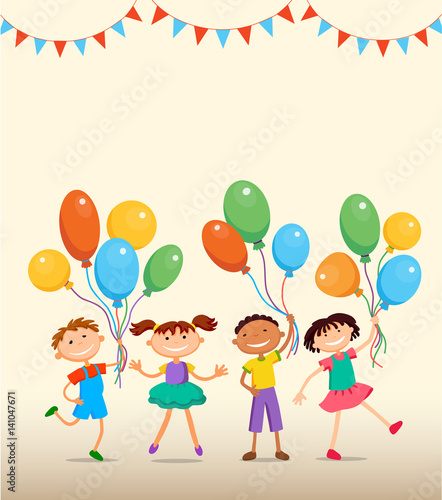 children are jumping ob summer background bunner cartoon funny vector character. illustration