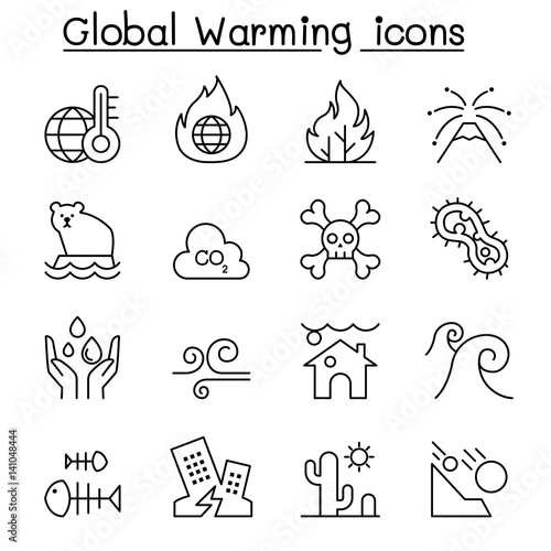 Global warming, Disaster, catastrophe icon set in thin line style