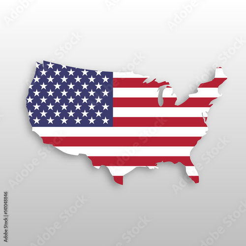 USA flag in a shape of US map silhouette. United States of America symbol. EPS10 vector illustration with dropped shadow on grey gradient background.
