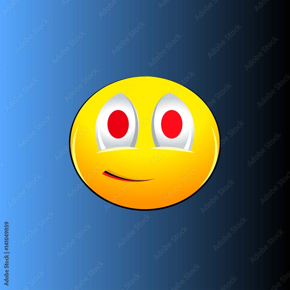Fototapeta premium Smiling emotion with red eyes on a blue background