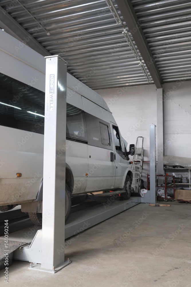 Kaluga, Russia - March, 16, 2017: Interior of a car repair station in Kaluga Kaluga, Russia - March, 16, 2017: Interior of a car repair station in Kaluga