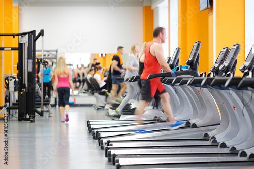 Interior of treadmills in a fitness hall