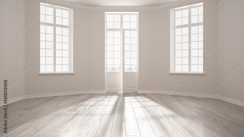 Empty room with big windows ad parquet floor, minimalist classic interior design Empty room with big windows ad parquet floor, minimalist classic interior design
