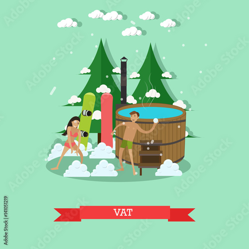 Vector flat illustration of wooden barrel vat for swimming