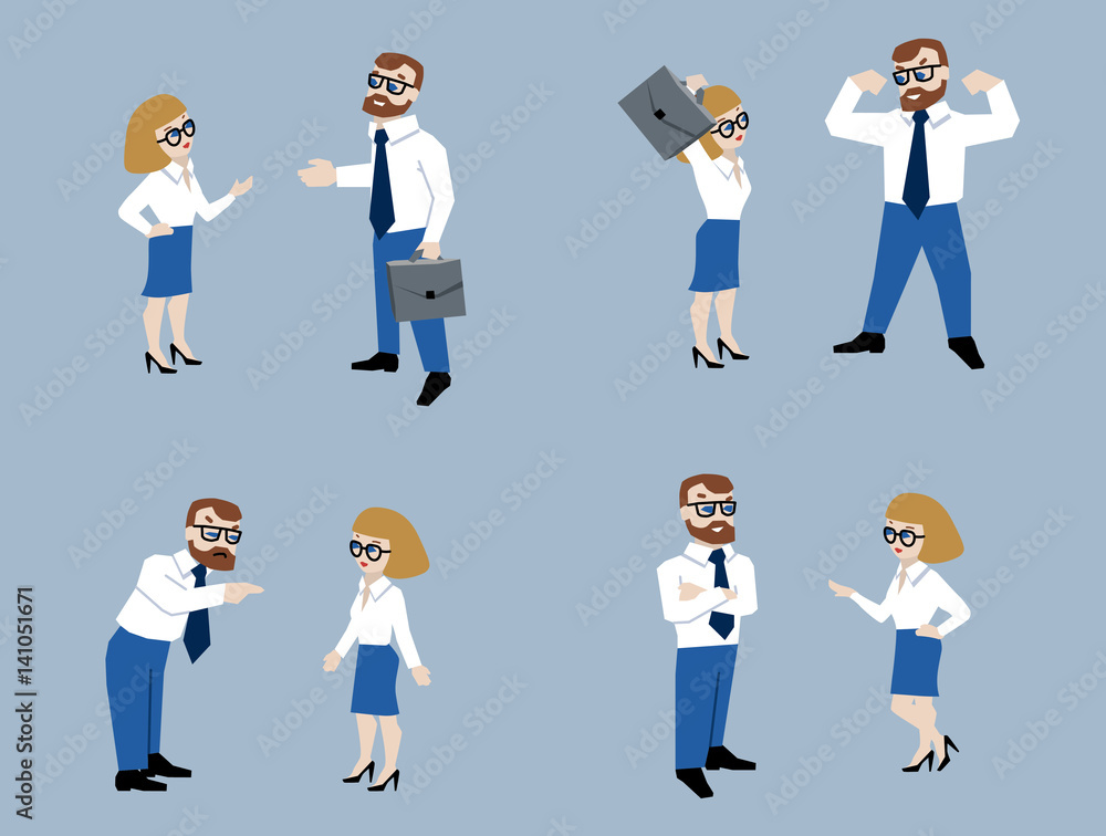 Vector illustration of businessman. Boss and employee, character set.