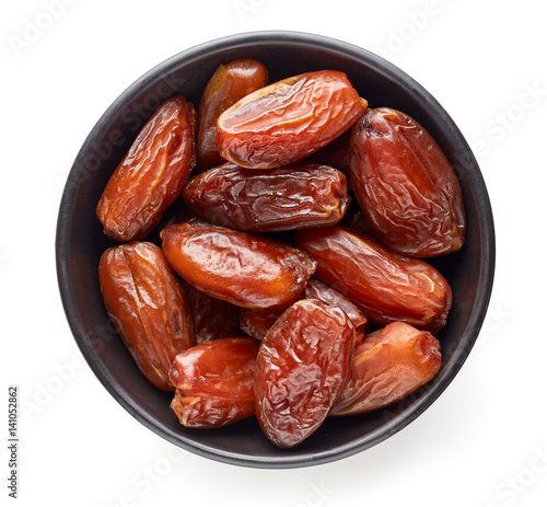 Bowl of pitted dates from above