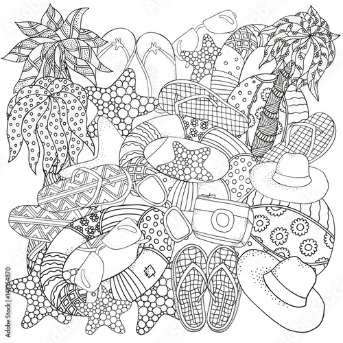 Starfish, lifebuoy, sunglasses, ball, flip-flops, hat, camera.