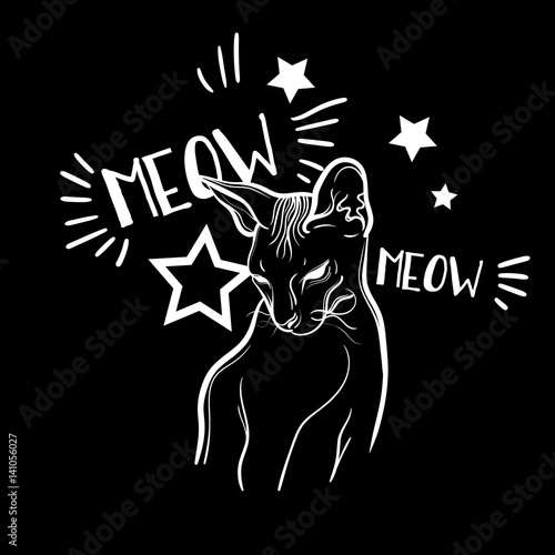 cute vector art card with naked cat. Sphynx cat. linear tattoo print illustration.