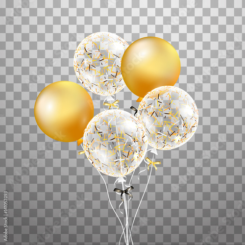 Set of Gold, white transparent helium balloon isolated in the air . Frosted party balloons for event design. Party decorations for birthday, anniversary, celebration. Shine transparent balloon.