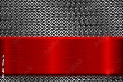 Metal perforated background with square holes. With red stainless steel plate
