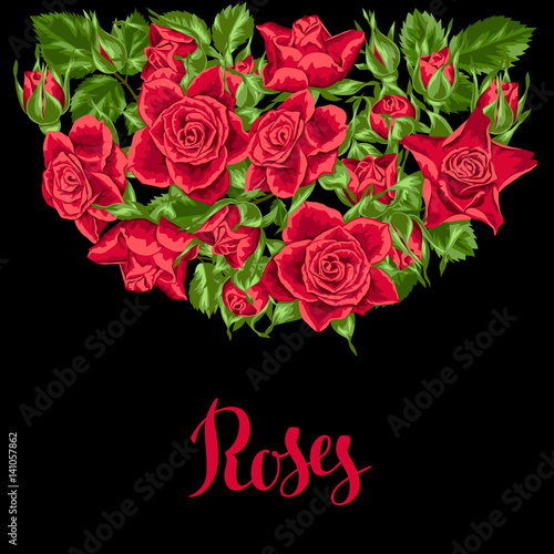 Invitation card with red roses. Beautiful realistic flowers, buds and leaves